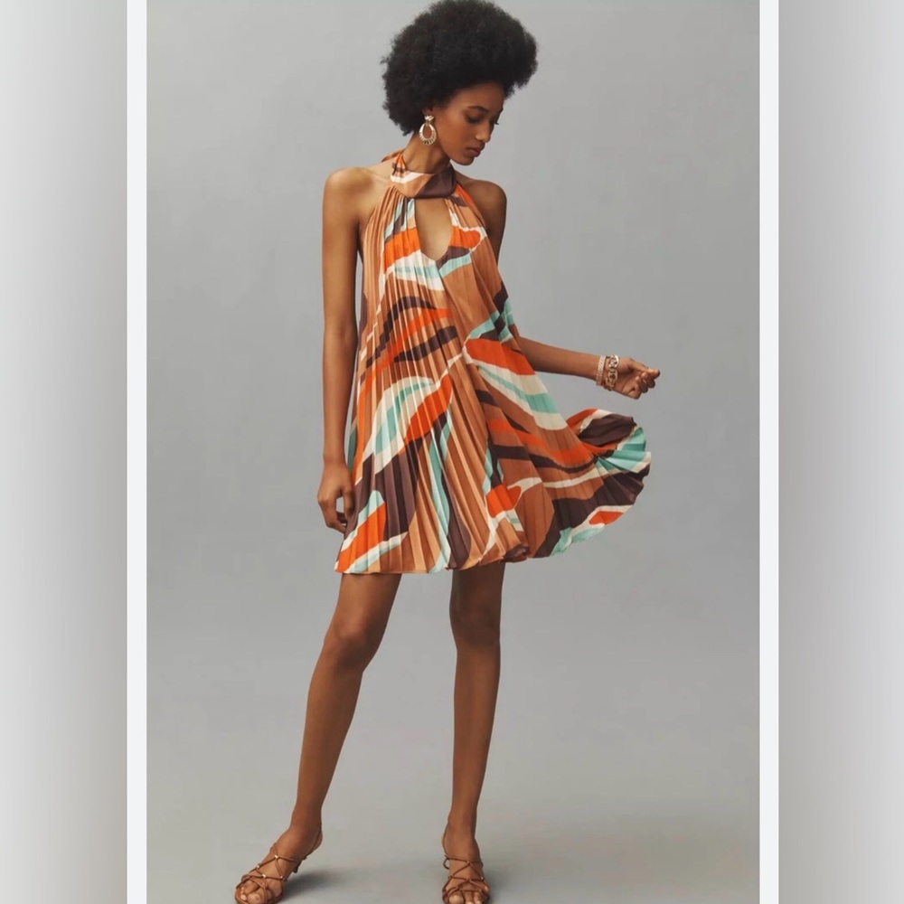 Halter hutch Neck Multicolor Pleated Dress xl Anthropologie nwt keyhole